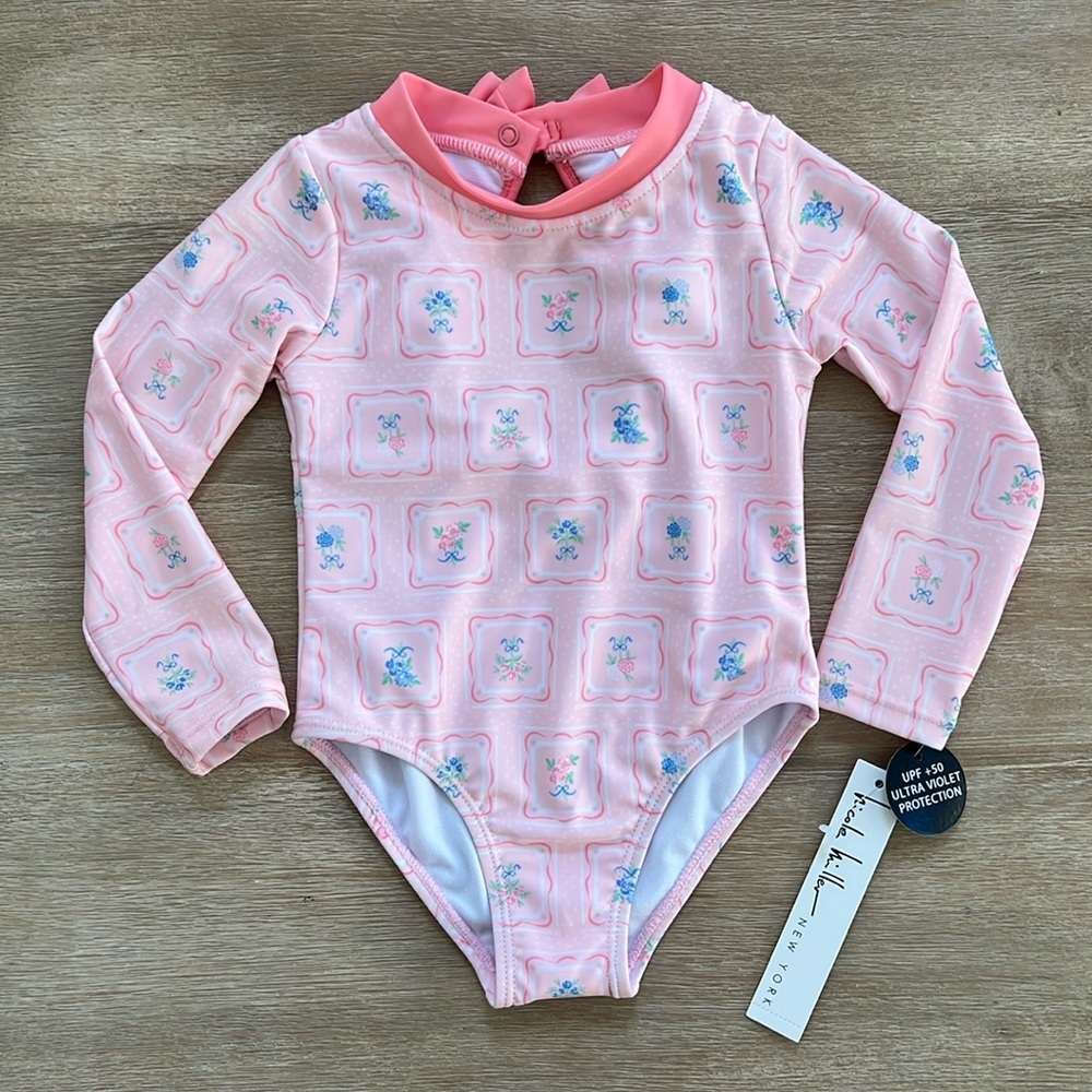 Nicole Miller Pink Floral Long Sleeve One-Piece Swimsuit